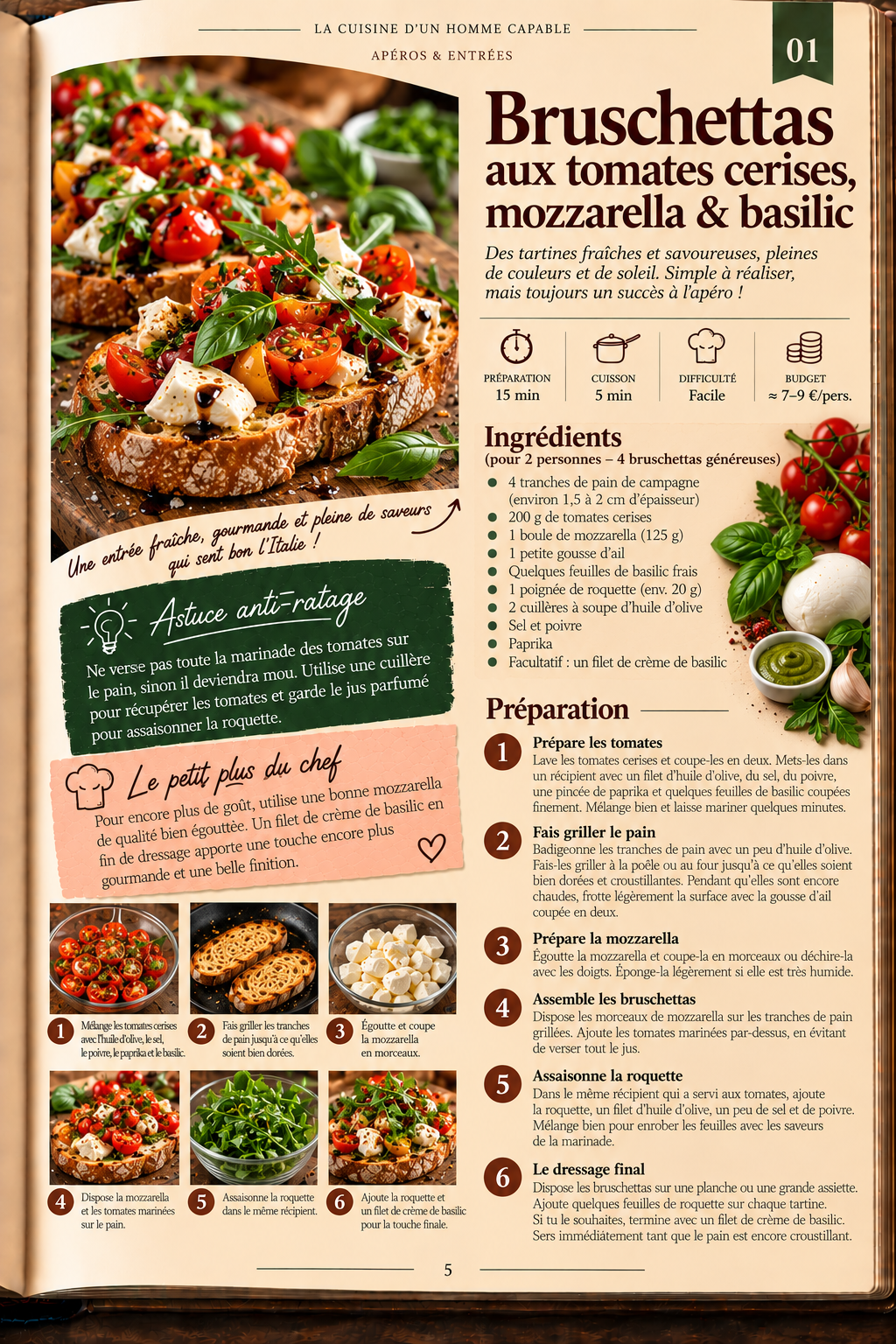 Recette 1 : Bruschettas tomates cerises, mozzarella et basilic