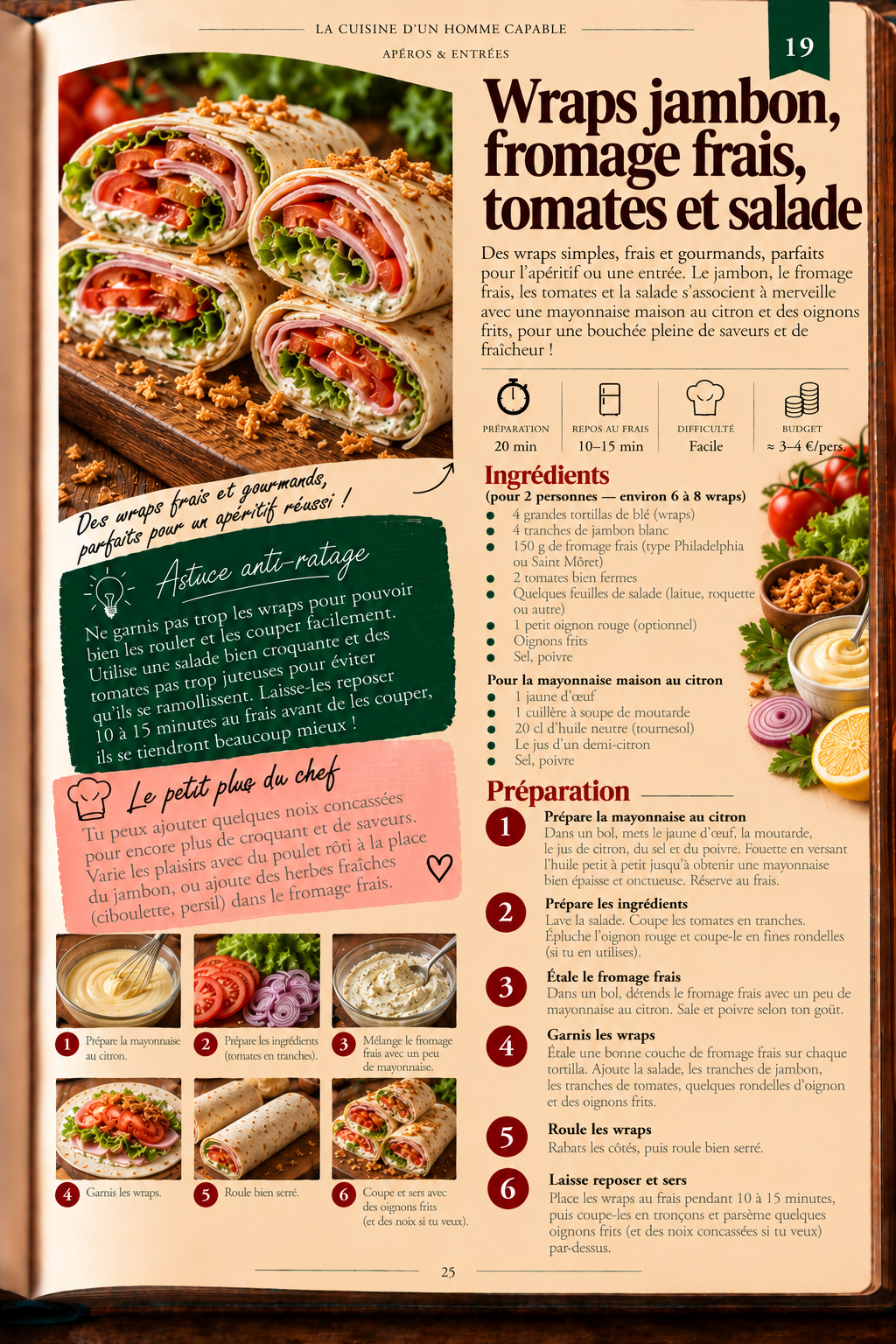 Wraps jambon, fromage frais, tomates et salade